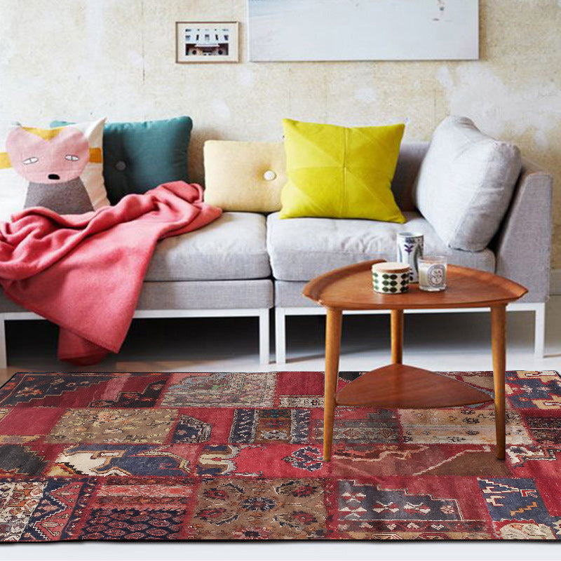 Sikunuo | Red Bedroom Carpet Moroccan Rectangular Floral Stripe Printed Carpet Polyester Non-Slip Carpet