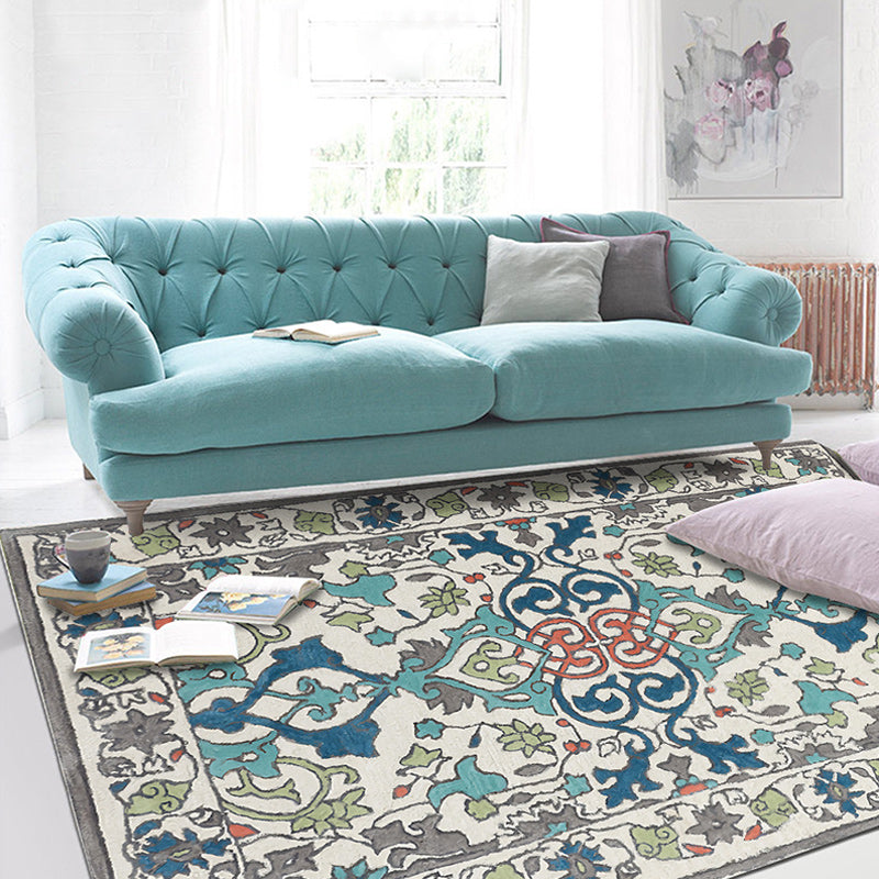 Sikunuo | Moroccan living room wallpaper in ivory leaf pattern printed carpet polyester non-slip rug
