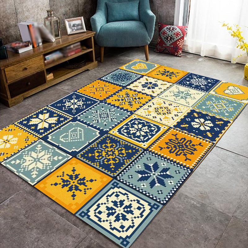 Sikunuo | Moroccan Living Room Rug in Yellow and Blue Geometric Snowflake Dots Print Rug Polyester Non-Slip Rug