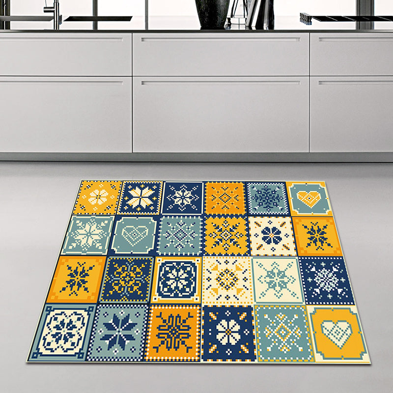 Sikunuo | Moroccan Living Room Rug in Yellow and Blue Geometric Snowflake Dots Print Rug Polyester Non-Slip Rug