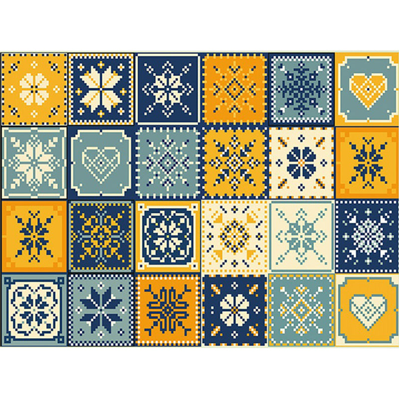 Sikunuo | Moroccan Living Room Rug in Yellow and Blue Geometric Snowflake Dots Print Rug Polyester Non-Slip Rug