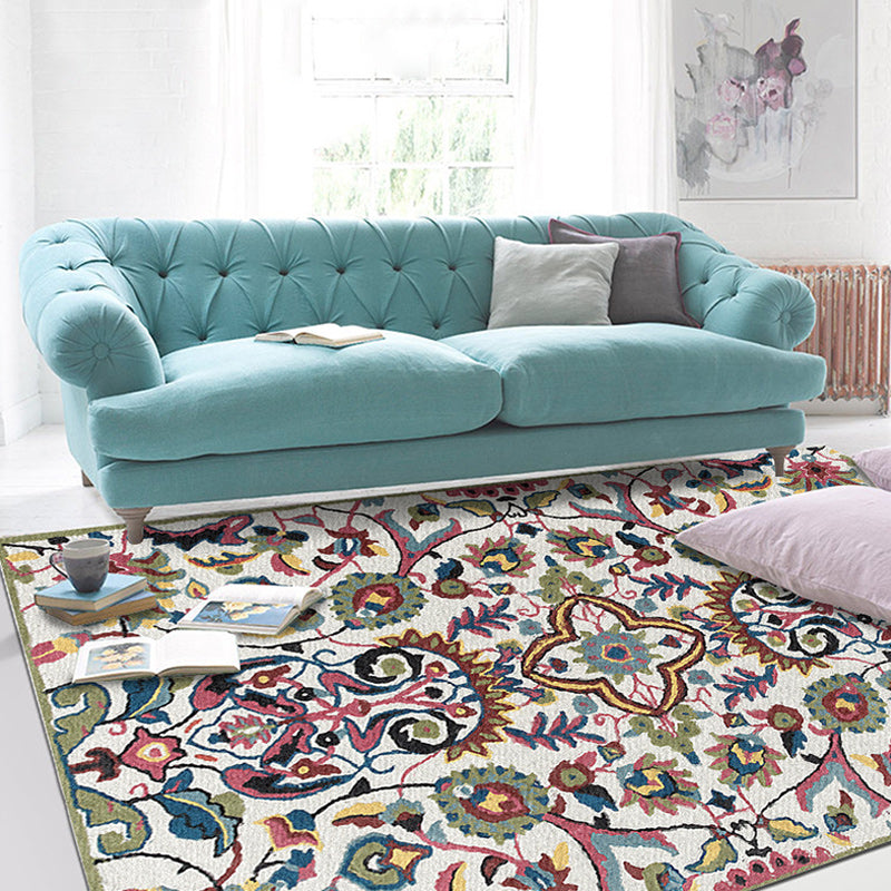 Sikunuo | White Moroccan carpet Polyester flower leaf pattern carpet non-slip back carpet for home decoration