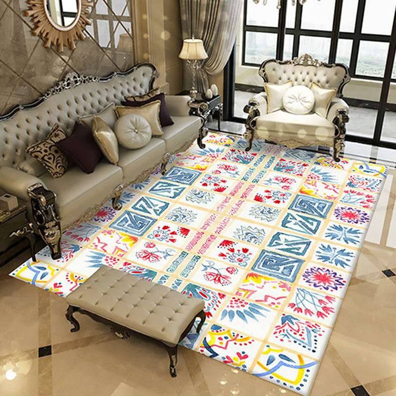 Sikunuo | Yellow Moroccan carpet Polyester flowers Greek key square pattern rug non-slip rug for bedroom