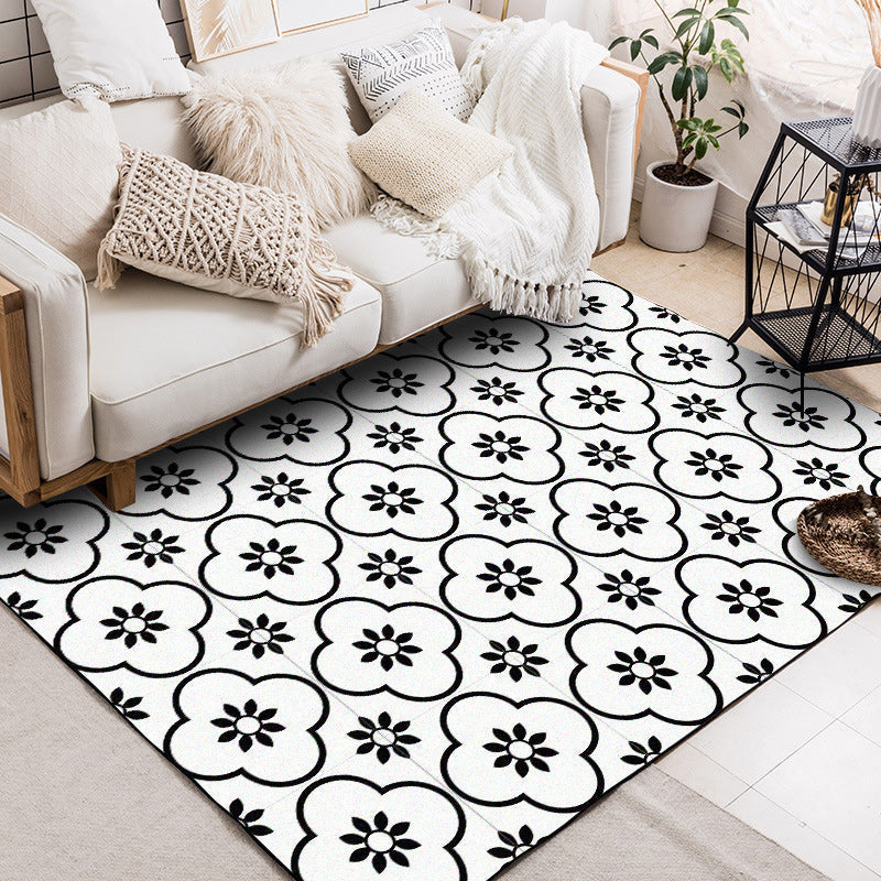 Sikunuo | Moroccan living room rug in white floral square pattern rug polyester non-slip area rug