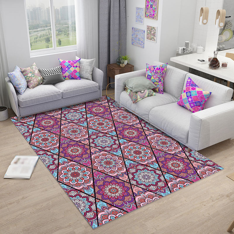 Sikunuo | Purple Bedroom Rug Moroccan Floral Diamond Pattern Rug Polyester Non-Slip Back Rug