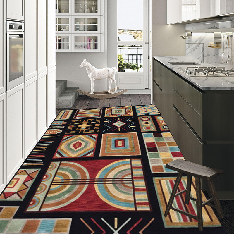 Sikunuo | Oriental Geometric Diamond Pattern Rug in Black Moroccan Rug Polyester Non-Slip Back Rug for Bedroom