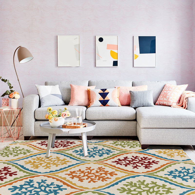 Sikunuo | Persian Leaf Branch Pattern Rug in Ivory Moroccan Rug Polyester Non-Slip Back Rug for Bedroom