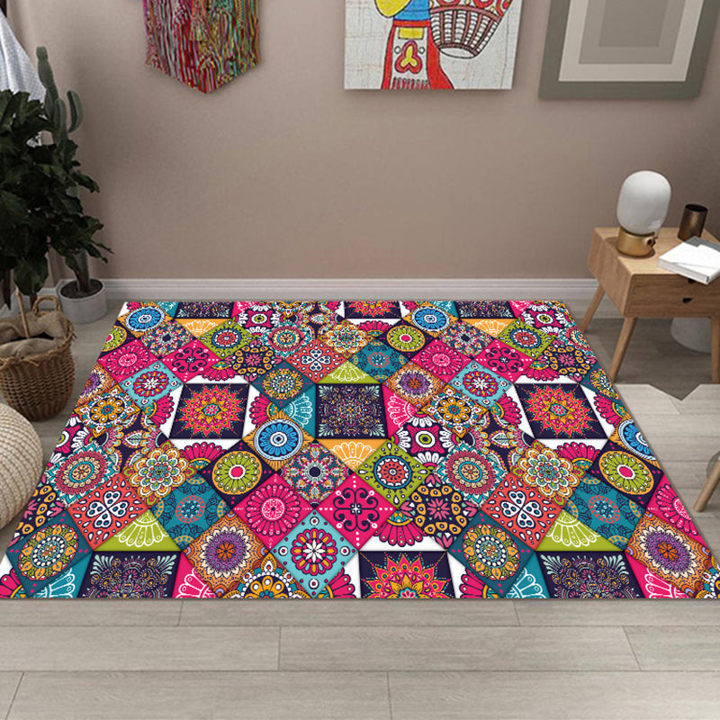 Sikunuo | Multicolored Bedroom Rug Moroccan Diamond Flower Pattern Rug Polyester Non-Slip Back Rug