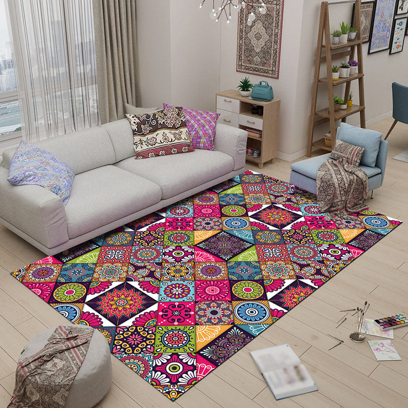 Sikunuo | Multicolored Bedroom Rug Moroccan Diamond Flower Pattern Rug Polyester Non-Slip Back Rug
