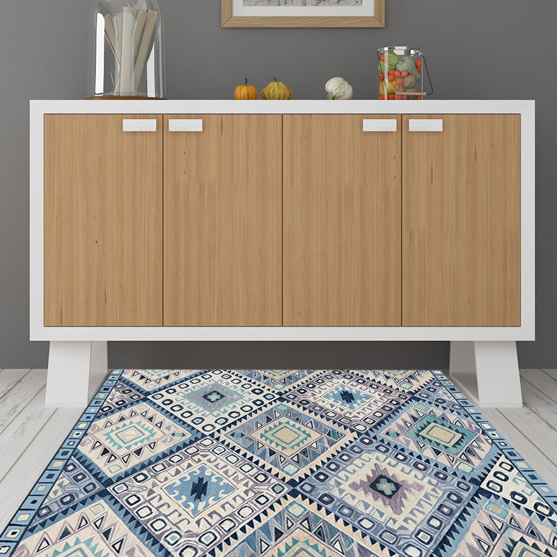Sikunuo | Persian Moroccan carpet in blue and white geometric triangle diamond print carpet polyester non-slip carpet for home decor