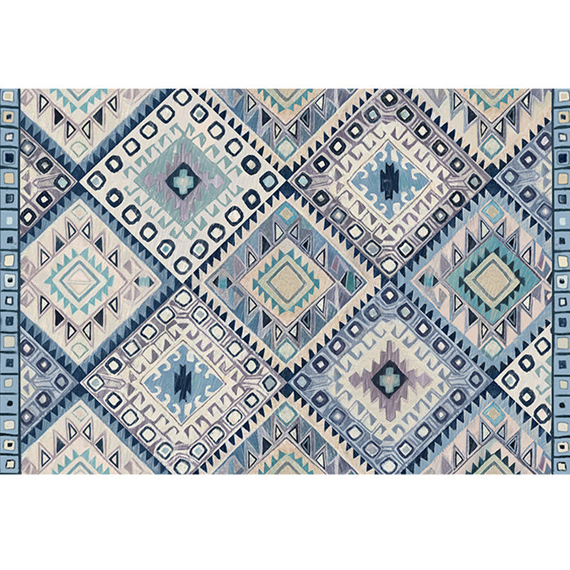 Sikunuo | Persian Moroccan carpet in blue and white geometric triangle diamond print carpet polyester non-slip carpet for home decor