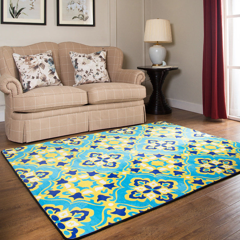 Sikunuo | Moroccan Living Room Wallpaper in Blue Geometric Floral Design Carpet Polyester Non-Slip Area Rug