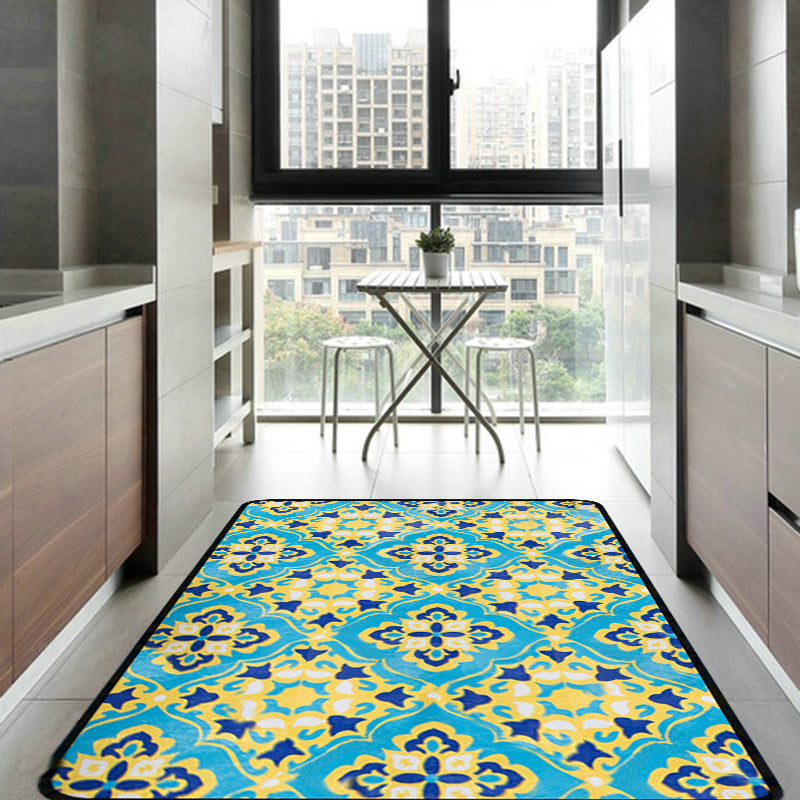 Sikunuo | Moroccan Living Room Wallpaper in Blue Geometric Floral Design Carpet Polyester Non-Slip Area Rug