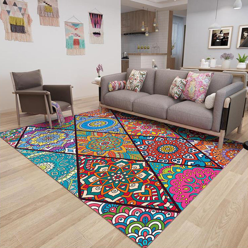 Sikunuo | Colorful Bedroom Rug Moroccan Floral Diamond Dot Pattern Rug Polyester Machine Washable Non-Slip Backing Rug for Living Room