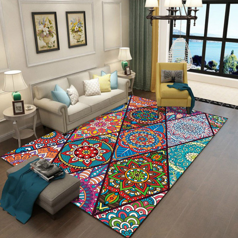 Sikunuo | Colorful Bedroom Rug Moroccan Floral Diamond Dot Pattern Rug Polyester Machine Washable Non-Slip Backing Rug for Living Room