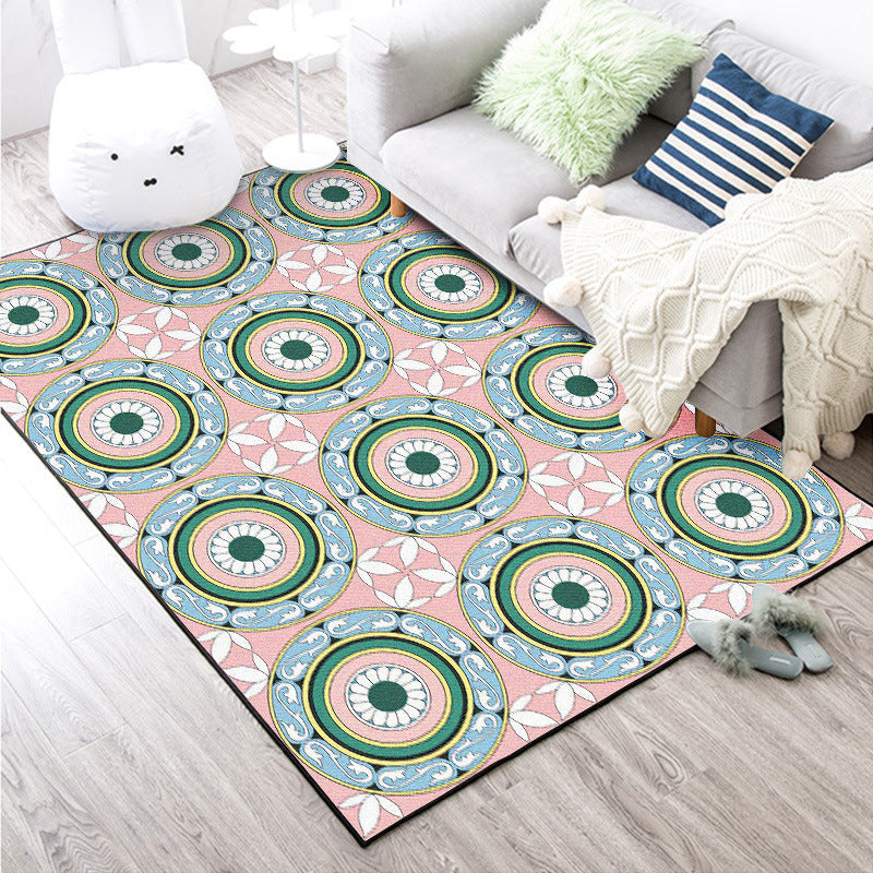 Sikunuo | Moroccan Flower Circle Pattern Rug in Pink Polyester Floor Mat with Non-Slip Back Rug for Living Room
