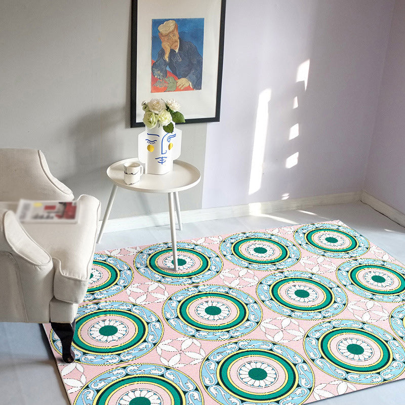 Sikunuo | Moroccan Flower Circle Pattern Rug in Pink Polyester Floor Mat with Non-Slip Back Rug for Living Room