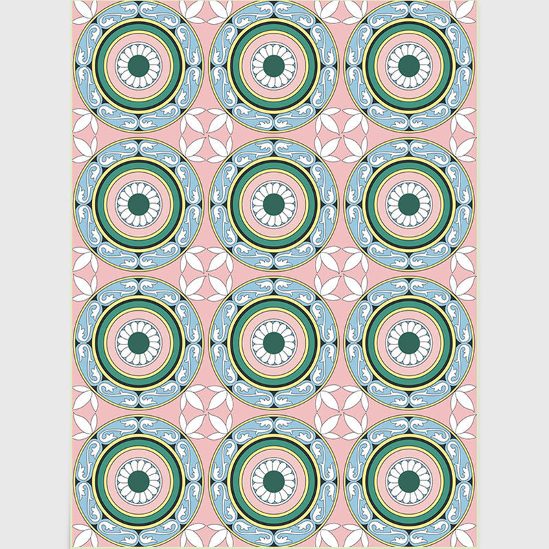 Sikunuo | Moroccan Flower Circle Pattern Rug in Pink Polyester Floor Mat with Non-Slip Back Rug for Living Room