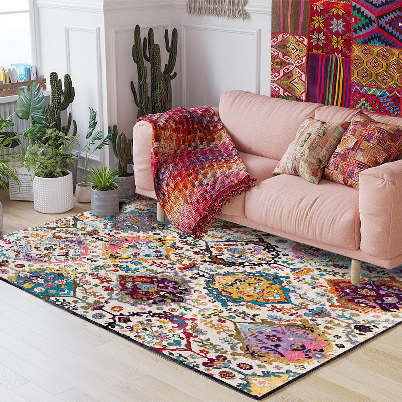 Sikunuo | Moroccan living room rug in white petal pattern polyester non-slip doormat