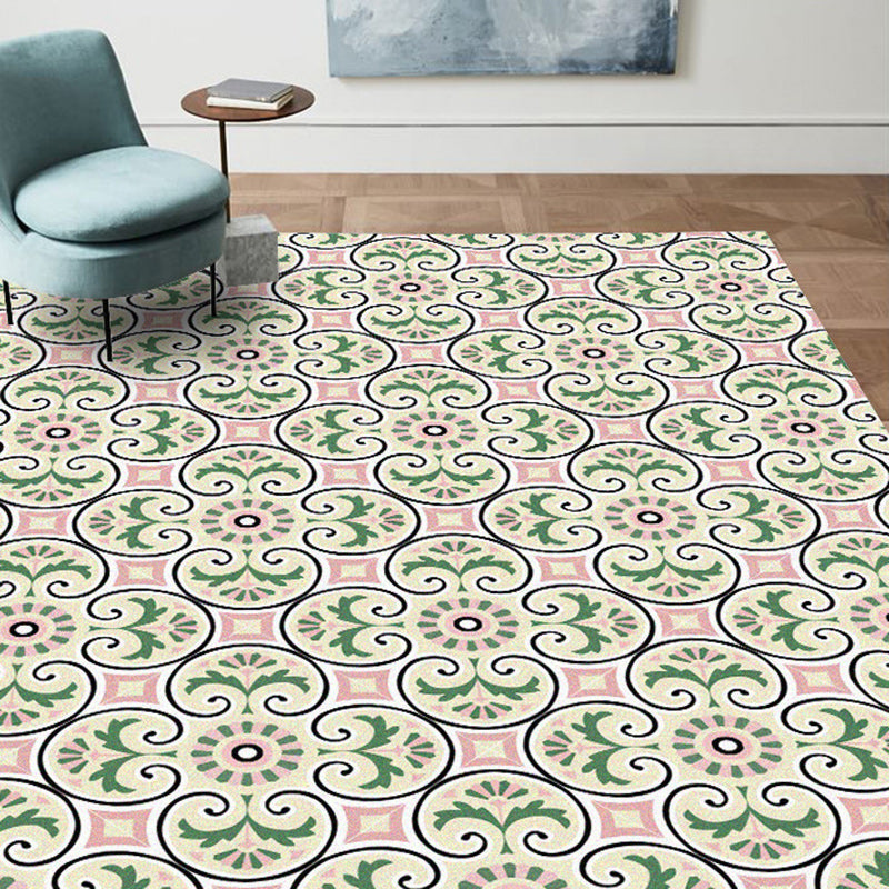 Sikunuo | Persian Moroccan rug in ivory leaf circle square print rug polyester non-slip rug for home decoration