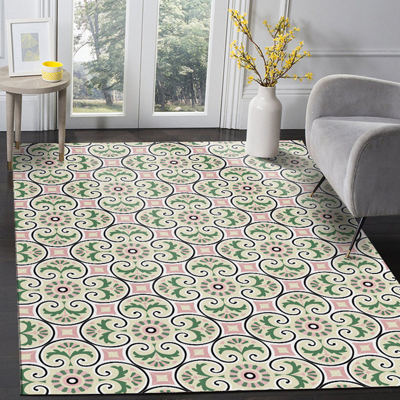 Sikunuo | Persian Moroccan rug in ivory leaf circle square print rug polyester non-slip rug for home decoration
