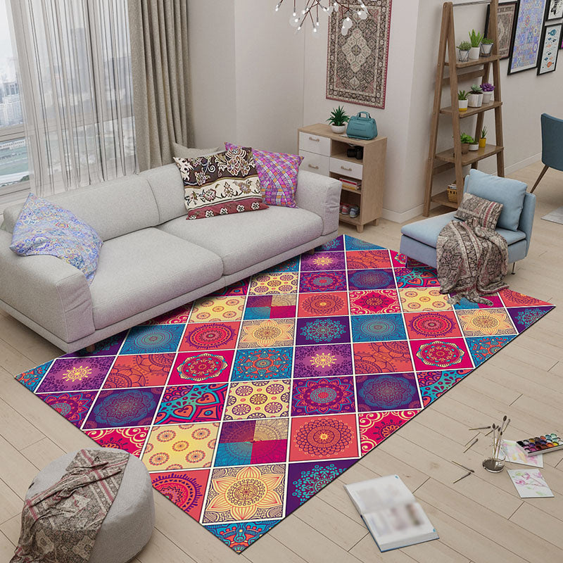 Sikunuo | Mediterranean-Moroccan diamond pattern multicolored floral square rug made of polyester non-slip mat for the living room