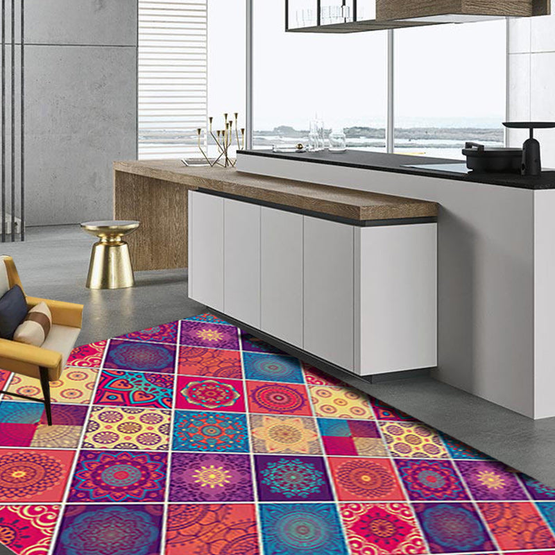 Sikunuo | Mediterranean-Moroccan diamond pattern multicolored floral square rug made of polyester non-slip mat for the living room