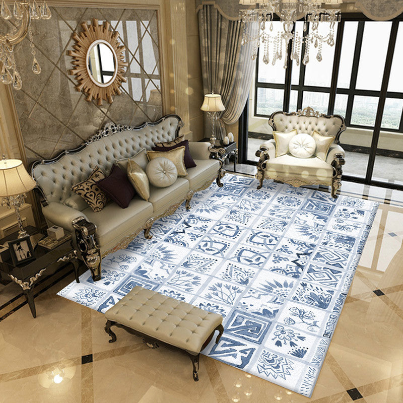 Sikunuo | Oriental Flower Square Pattern Carpet in White Moroccan Carpet Polyester Non-Slip Back Carpet for Bedroom