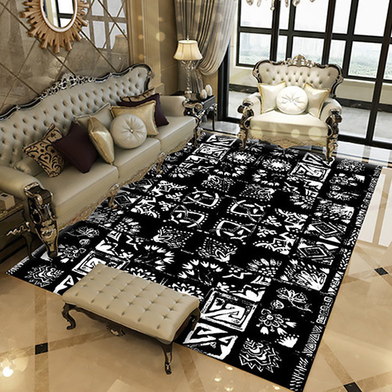 Sikunuo | Oriental Flower Square Pattern Carpet in White Moroccan Carpet Polyester Non-Slip Back Carpet for Bedroom