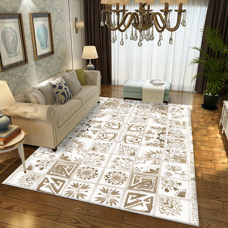 Sikunuo | Oriental Flower Square Pattern Carpet in White Moroccan Carpet Polyester Non-Slip Back Carpet for Bedroom