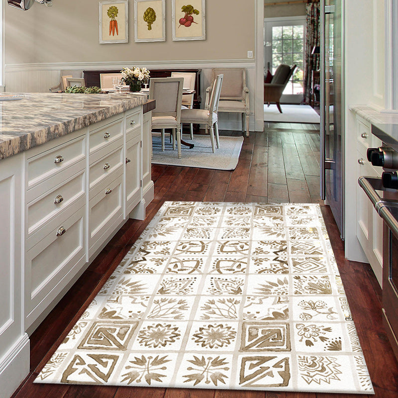 Sikunuo | Oriental Flower Square Pattern Carpet in White Moroccan Carpet Polyester Non-Slip Back Carpet for Bedroom