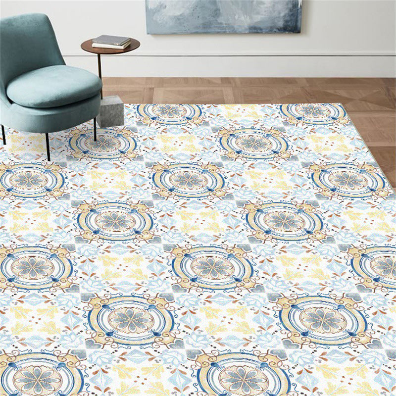 Sikunuo | Moroccan living room rug in blue and yellow floral circle print carpet polyester non-slip rug