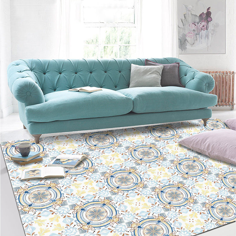 Sikunuo | Moroccan living room rug in blue and yellow floral circle print carpet polyester non-slip rug