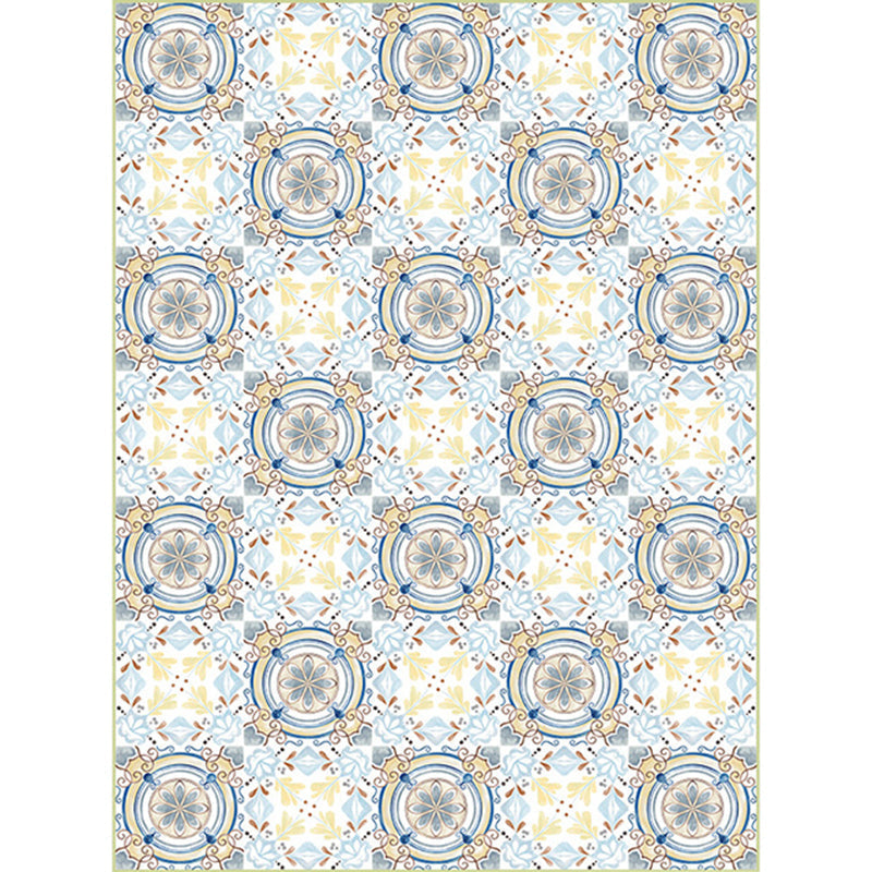 Sikunuo | Moroccan living room rug in blue and yellow floral circle print carpet polyester non-slip rug