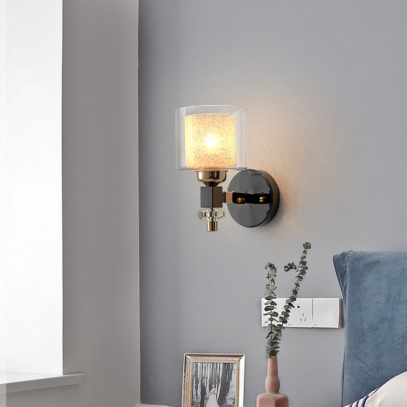 Sikunuo | Contemporary cylindrical wall mounted light metal and glass 1 light wall lamp in black for hallway