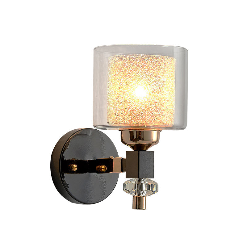 Sikunuo | Contemporary cylindrical wall mounted light metal and glass 1 light wall lamp in black for hallway