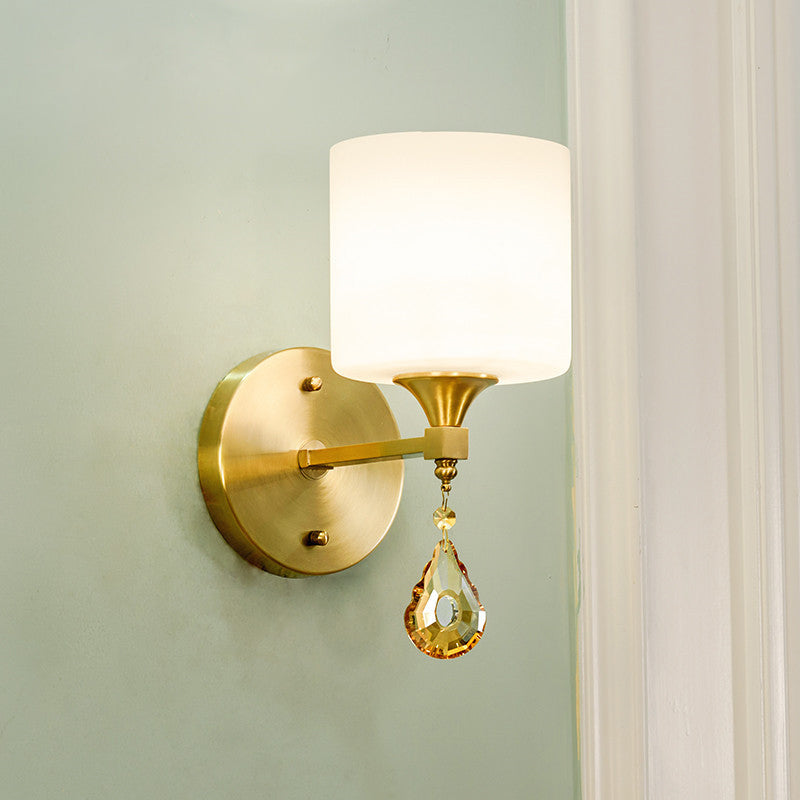 Sikunuo | Nordic Style Cylinder Wall Lamp Frosted Glass 1/2-Light Wall Light with Amber Crystal Drops in Brass