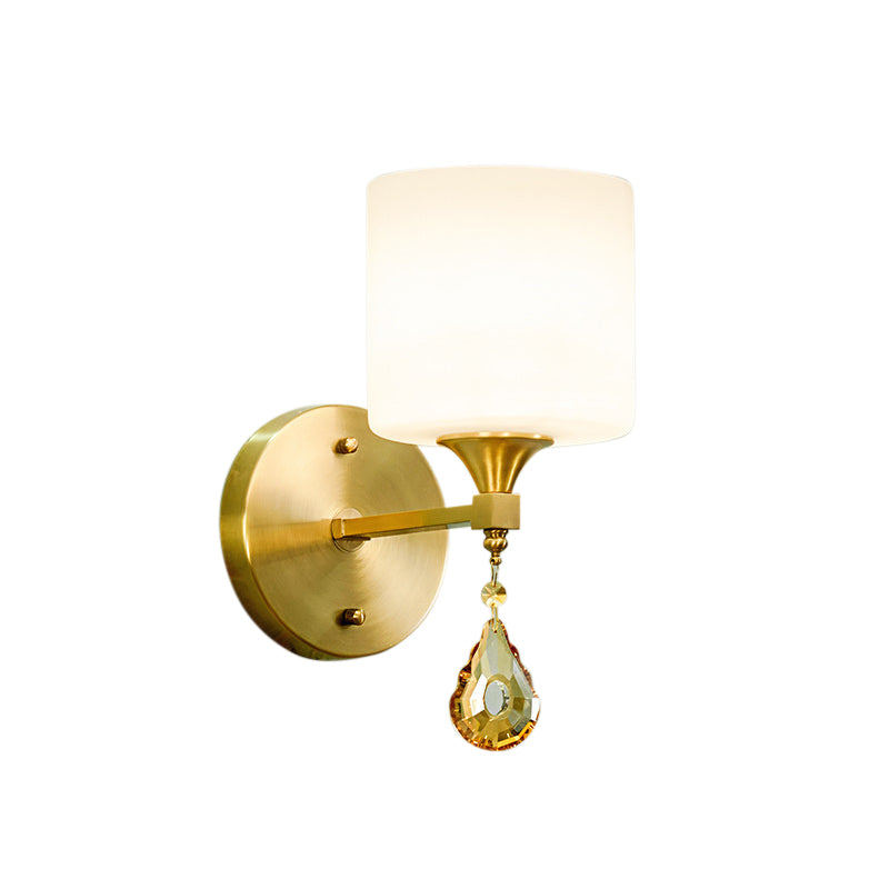 Sikunuo | Nordic Style Cylinder Wall Lamp Frosted Glass 1/2-Light Wall Light with Amber Crystal Drops in Brass
