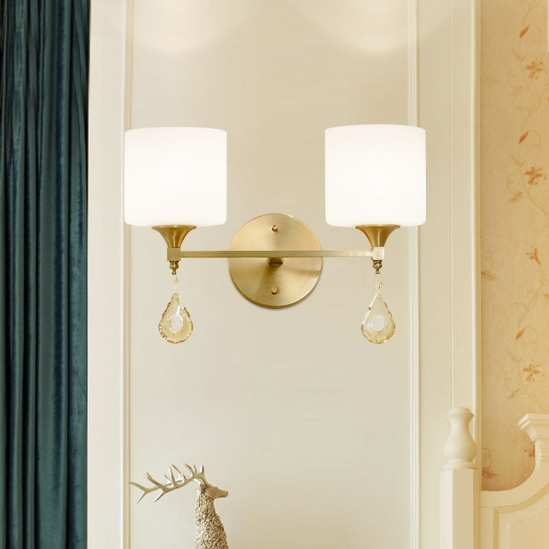 Sikunuo | Nordic Style Cylinder Wall Lamp Frosted Glass 1/2-Light Wall Light with Amber Crystal Drops in Brass