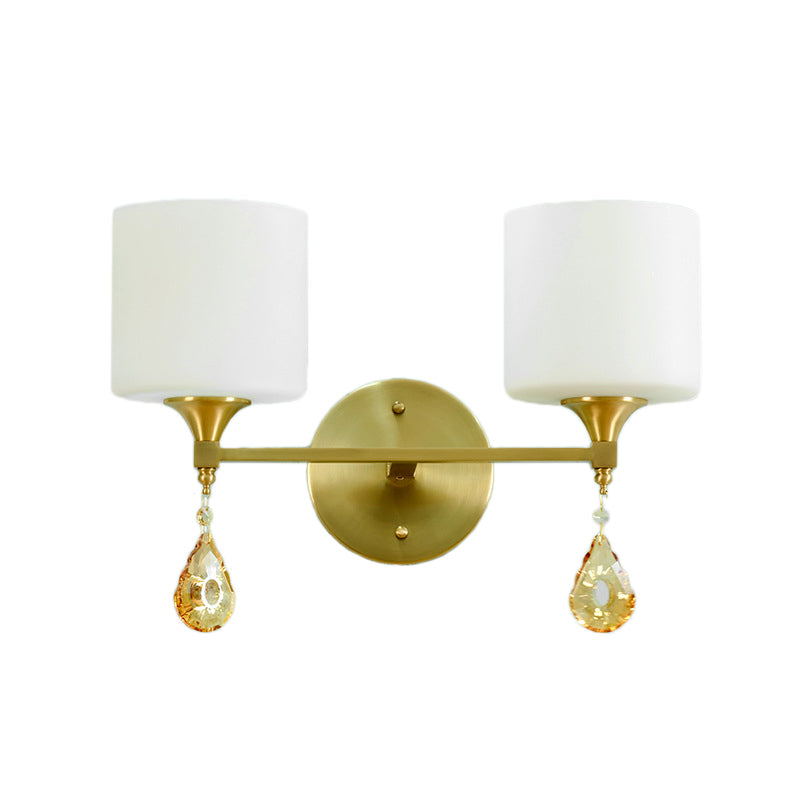 Sikunuo | Nordic Style Cylinder Wall Lamp Frosted Glass 1/2-Light Wall Light with Amber Crystal Drops in Brass