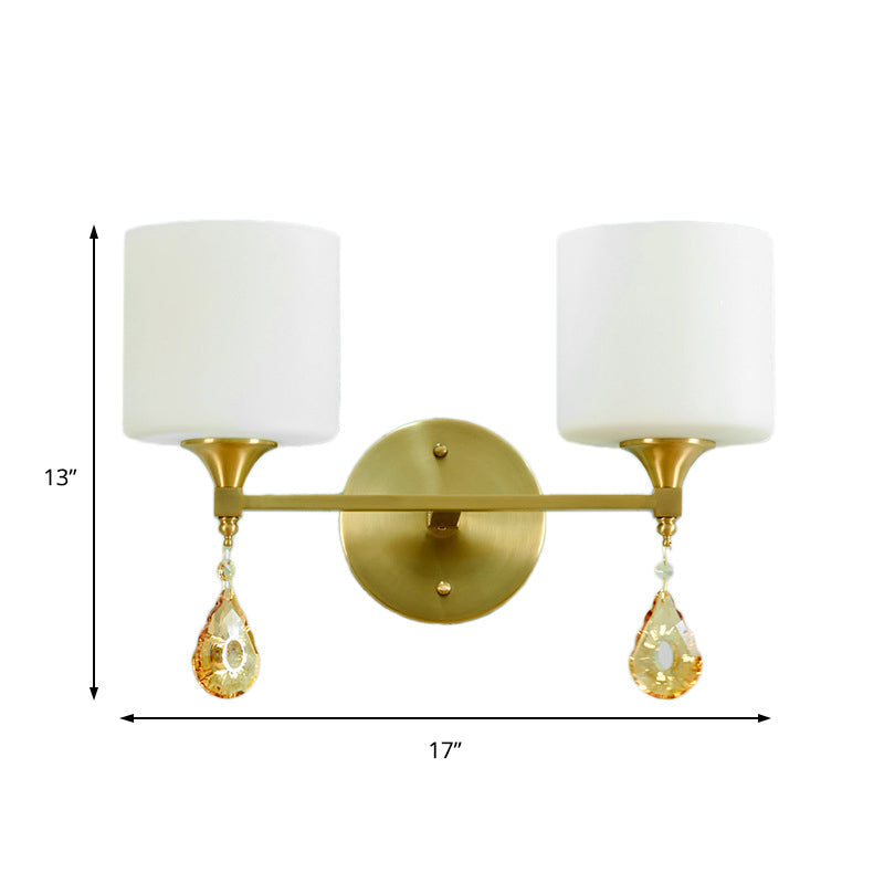 Sikunuo | Nordic Style Cylinder Wall Lamp Frosted Glass 1/2-Light Wall Light with Amber Crystal Drops in Brass