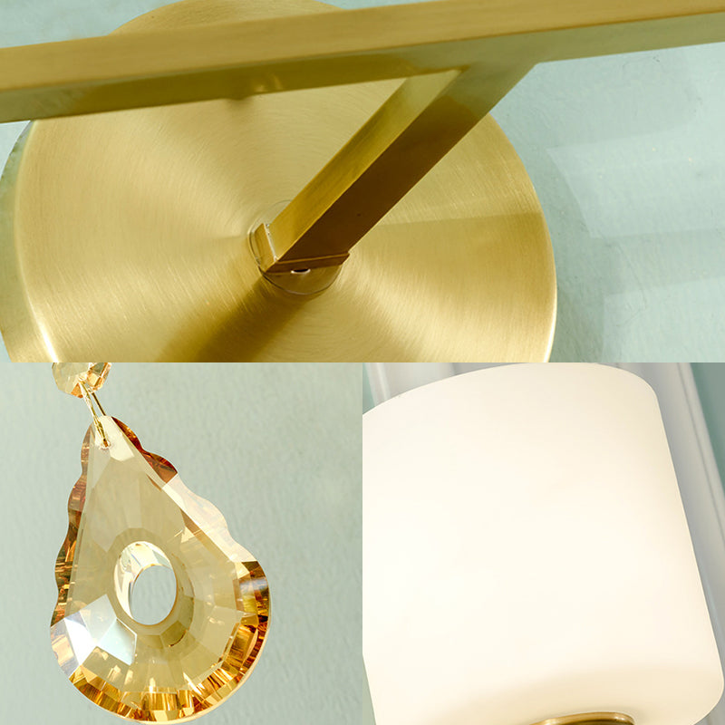 Sikunuo | Nordic Style Cylinder Wall Lamp Frosted Glass 1/2-Light Wall Light with Amber Crystal Drops in Brass