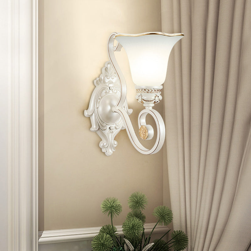 Sikunuo | Milk glass flower wall lamp vintage 1/2 head wall-mounted light with clear crystal accent in white for the bedroom