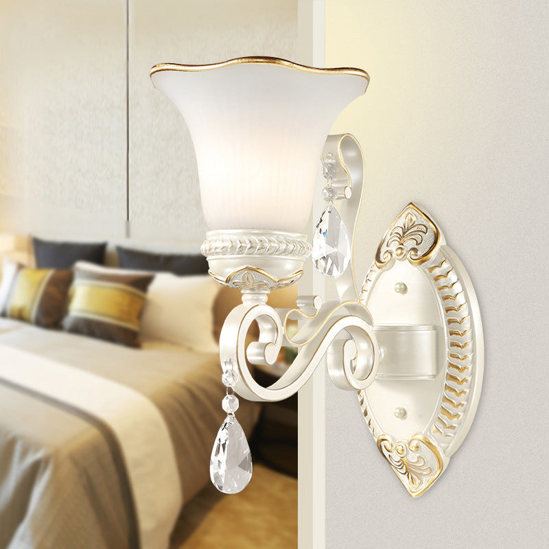 Sikunuo | Milk glass flower wall lamp vintage 1/2 head wall-mounted light with clear crystal accent in white for the bedroom