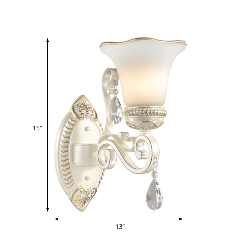 Sikunuo | Milk glass flower wall lamp vintage 1/2 head wall-mounted light with clear crystal accent in white for the bedroom