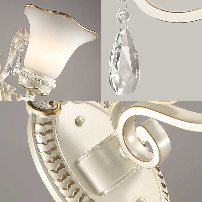 Sikunuo | Milk glass flower wall lamp vintage 1/2 head wall-mounted light with clear crystal accent in white for the bedroom
