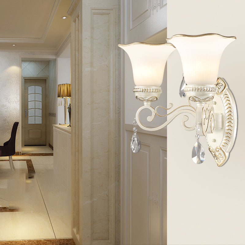 Sikunuo | Milk glass flower wall lamp vintage 1/2 head wall-mounted light with clear crystal accent in white for the bedroom