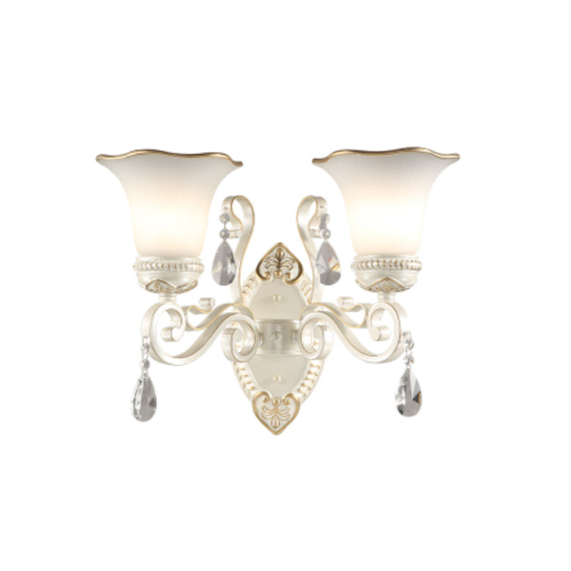 Sikunuo | Milk glass flower wall lamp vintage 1/2 head wall-mounted light with clear crystal accent in white for the bedroom