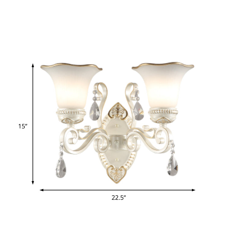 Sikunuo | Milk glass flower wall lamp vintage 1/2 head wall-mounted light with clear crystal accent in white for the bedroom