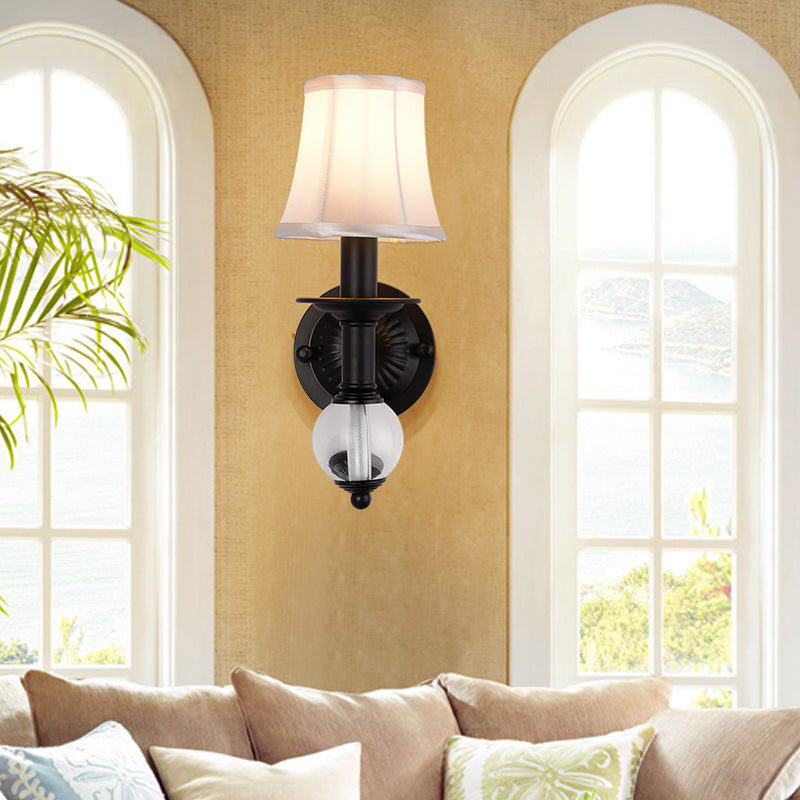 Sikunuo | White Fabric Bell Wall Lamp Contemporary 1 Light Wall Lamp with Crystal Ball and Straight Arm in Black